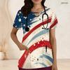 Women Plus Size Bald Eagle Star Printed Keyhole Neck Short Sleeve Nurse Scrub Top With Pockets