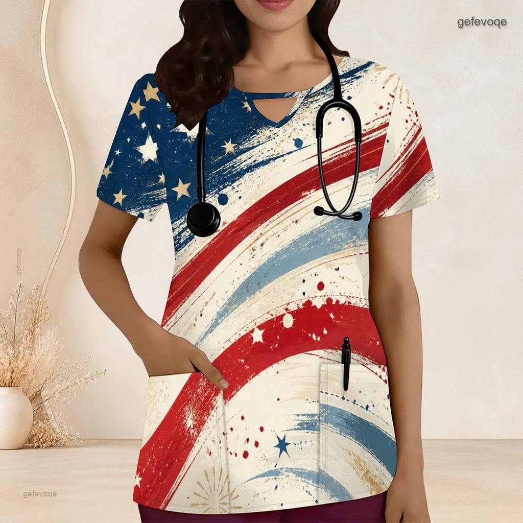 Women Plus Size Bald Eagle Star Printed Keyhole Neck Short Sleeve Nurse Scrub Top With Pockets