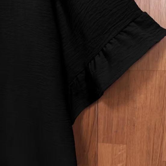 Women Tops Round Neck Short Sleeve Loose Fit Pullover Tops Pure Color Ruffle Hem