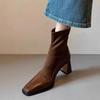 Cowhide~ short boots women's 2025 new leather high heels autumn and winter square head elastic socks boots thick heel French thin boots