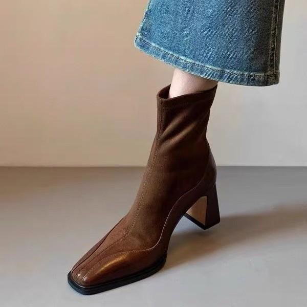 Cowhide~ short boots women's 2025 new leather high heels autumn and winter square head elastic socks boots thick heel French thin boots