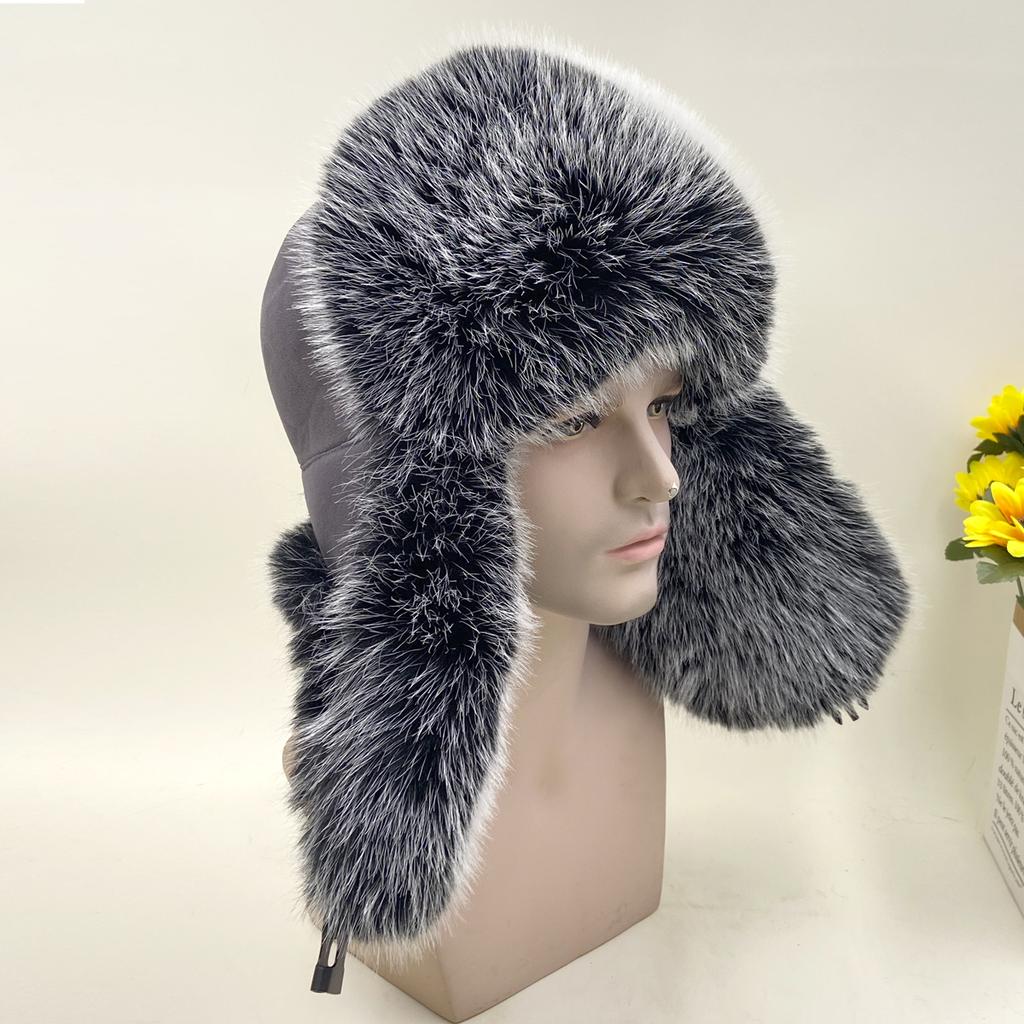 New Winter Men's 100% Fake Fox Fur Bomber Hat Faux Fur Ushanka Cap Trapper Russian Man Ski Hats Caps Cotton Lining