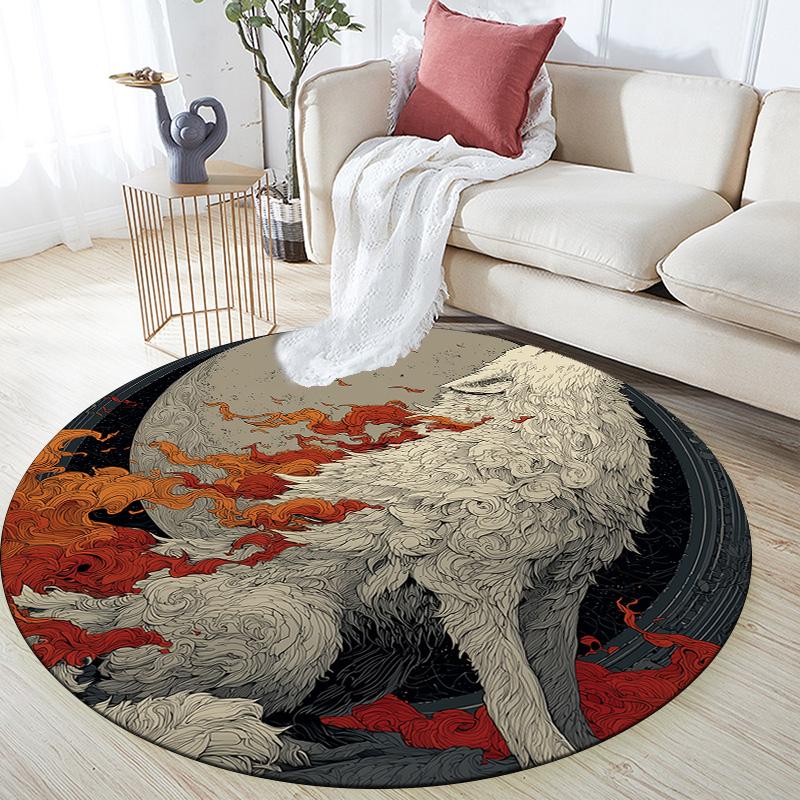 

Flame Fox and Wolf,Round Area Rug,Carpet Rug for Living Room Bedroom Sofa Playroom Decor,Non-slip Floor Mat 80cmx80cm