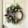 Tulip Wreath for Front Door Spring Artificial Tulip Rattan Wreath with Green Leaves And Plaid Bow for Farmhouse Wall Window Easter Home Decor