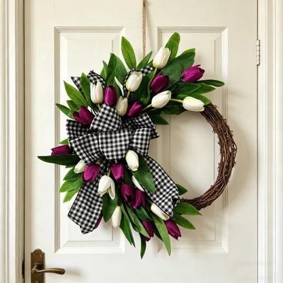 Tulip Wreath for Front Door Spring Artificial Tulip Rattan Wreath with Green Leaves And Plaid Bow for Farmhouse Wall Window Easter Home Decor