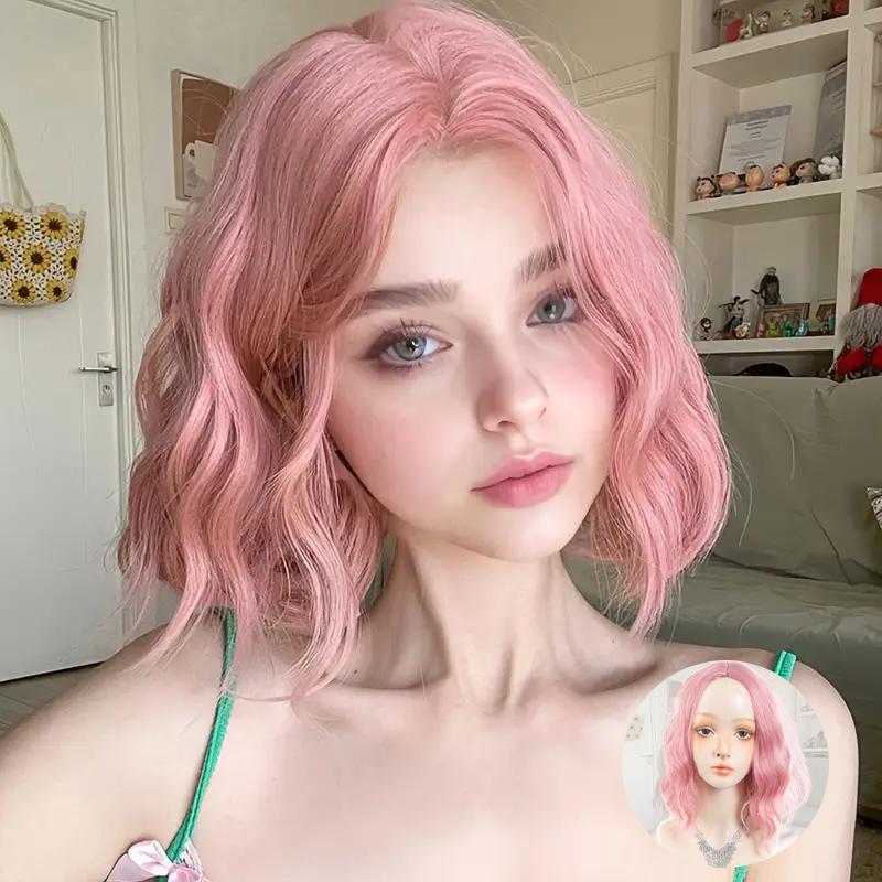 

14Inch Pink Wig for Women Short Wavy Pastel Pink Wigs with Lace Shoulder Length Middle Part Curly Wavy Wig 14inches&1pc