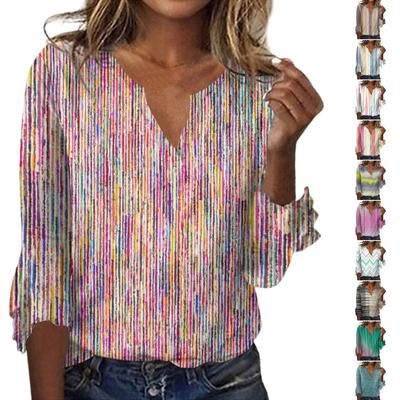 Women's Tops Loose Casual V-Neck Vintage Printed Flared Sleeve Seven Sleeve T-Shirt