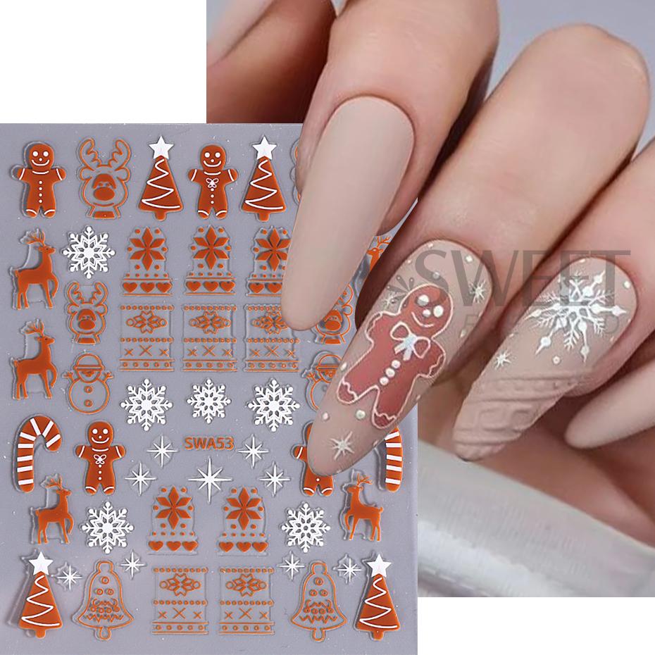 Christmas Nail Art Sticker 3D Winter Glitter Elk Snowflake Gingerbread Man Decals  Sliders DIY Manicure Decorations