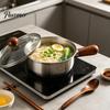 Nonstick Milk Pot with Wooden Handle Instant Noodle Lid And Handle, Stainless Steel Non-Stick Coated Induction Compatible Saucepan for Dorms