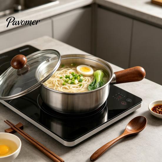 Nonstick Milk Pot with Wooden Handle Instant Noodle Lid And Handle, Stainless Steel Non-Stick Coated Induction Compatible Saucepan for Dorms