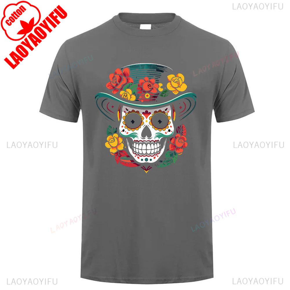 Mexican Skull Pattern Cotton Summer Tee Unisex Short Sleeve Round Neck Retro Style Graphic Shortsleeved Launched Casual Tshirt