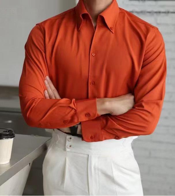 Men's Slim Fit White Long Sleeve French Shirt - Iron-Free, Large Collar, Business Formal