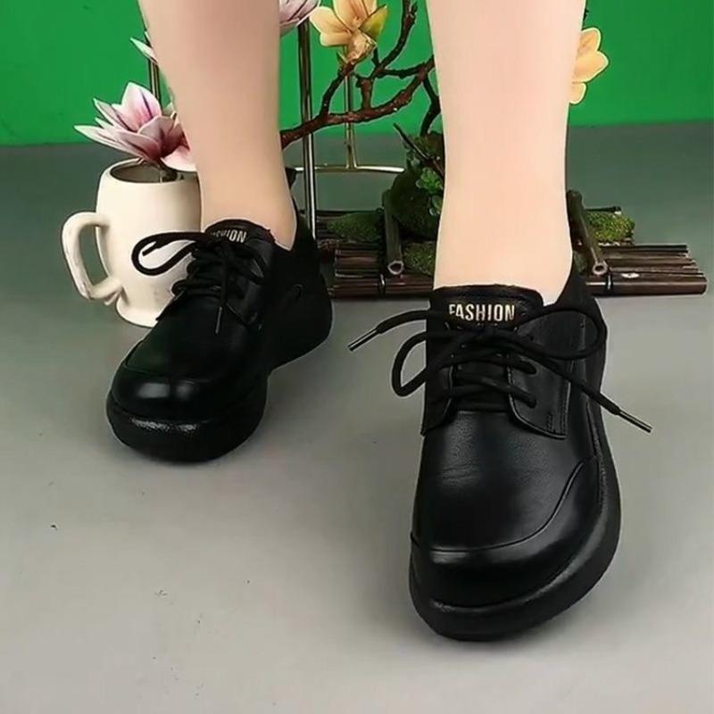Single shoes women's round head lace-up muffin platform leather shoes autumn new casual versatile comfortable soft-soled shoes