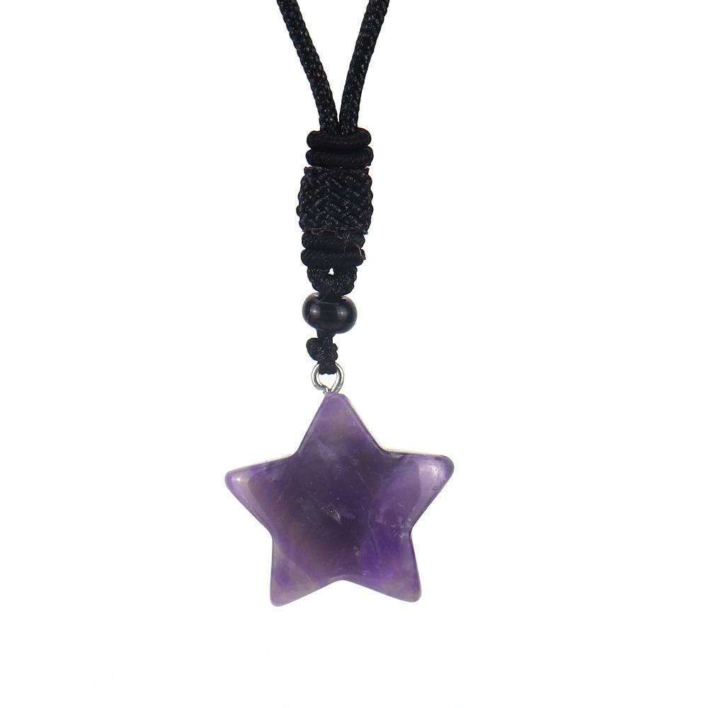 

2.5Cm Natural Crystal Agate Star Pentagram Pendant Necklace Black Rope Adjustable N617 аметист