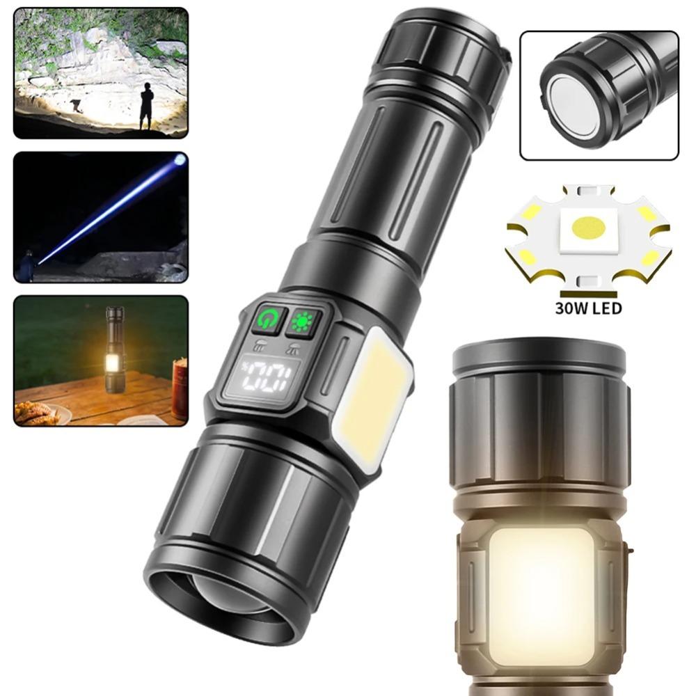 30W LED Rechargeable Flashlight 2000 High Lumens Torch with COB Light Handheld Flashlight for Home Camping Hiking Emergency