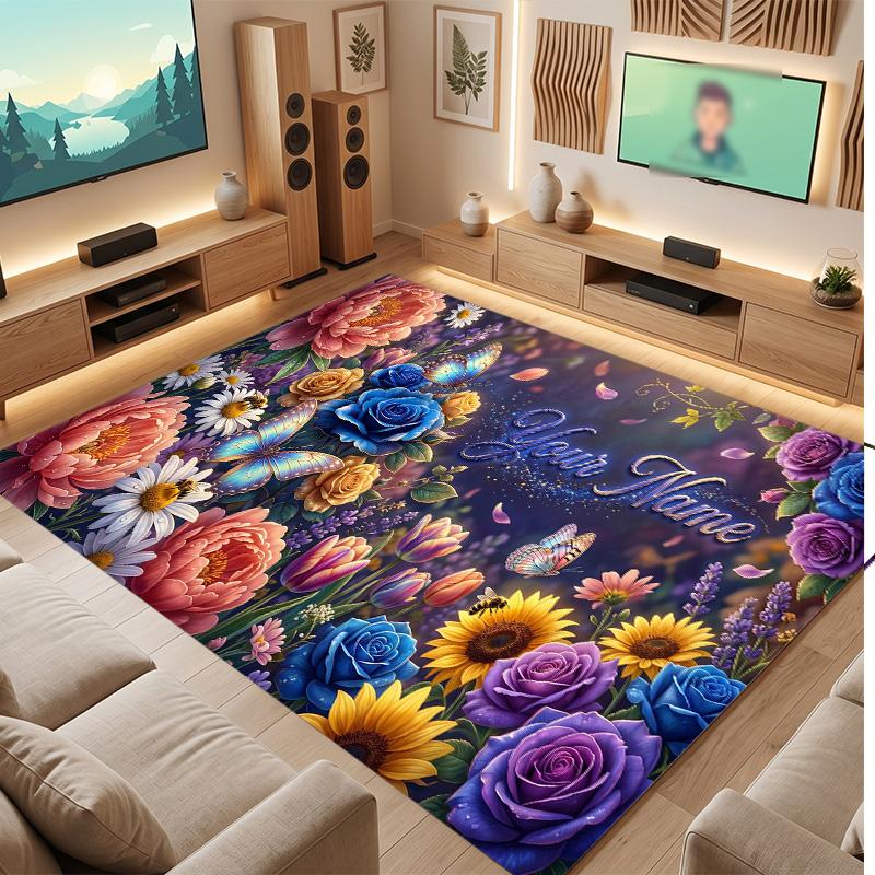 Floral Garden Theme Soft Crystal Velvet Rug Custom Name & Text Print Non Slip Floor Rug for Bedroom Living Room