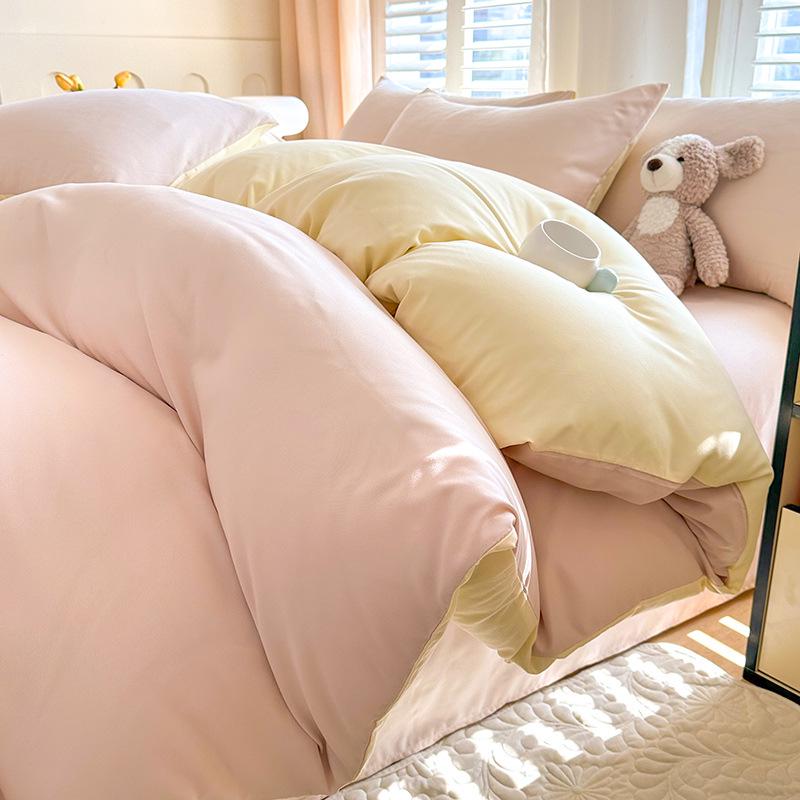 Solid Color Sanded Bedding Set: Four-Piece Set with Quilt Cover and Washed Spring Sheets.