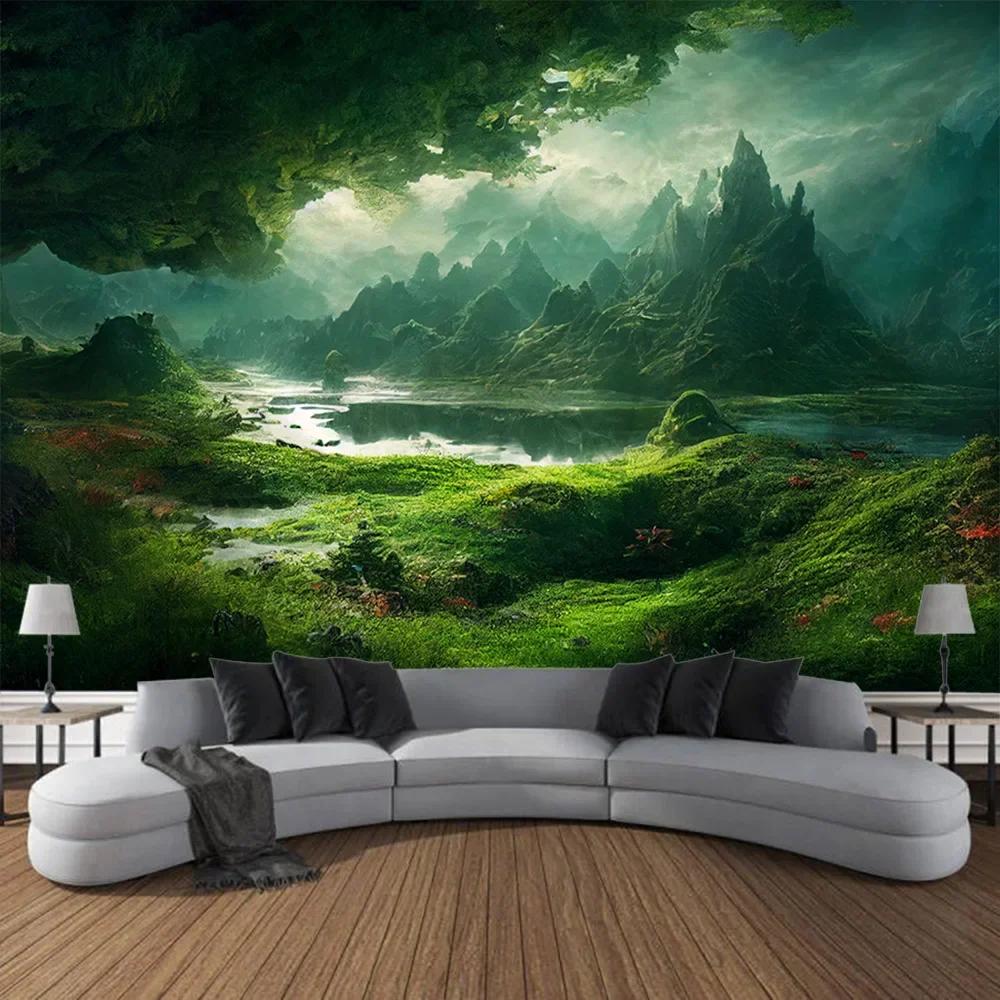 Large 3D Printed Tapestry Green Forest Landscape Wall Hanging Cloth Hippie Bohemian Home Art Decoration Living Room Wall Decor