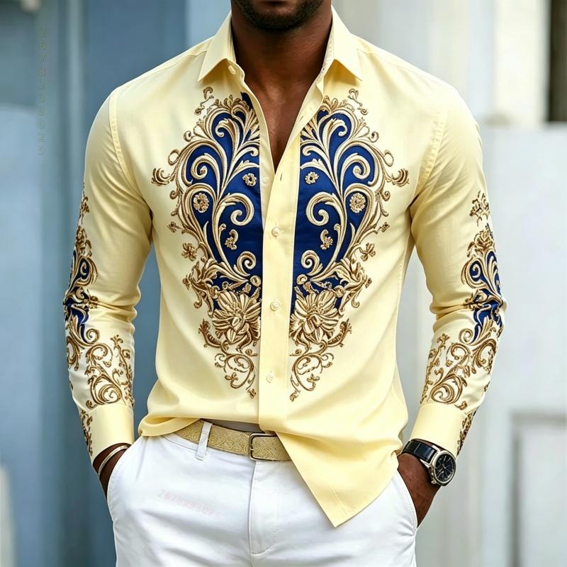 Camicia da uomo, top a maniche lunghe stile palazzo di lusso leggero, top con design a contrasto blu oro, abbigliamento uomo business casual
