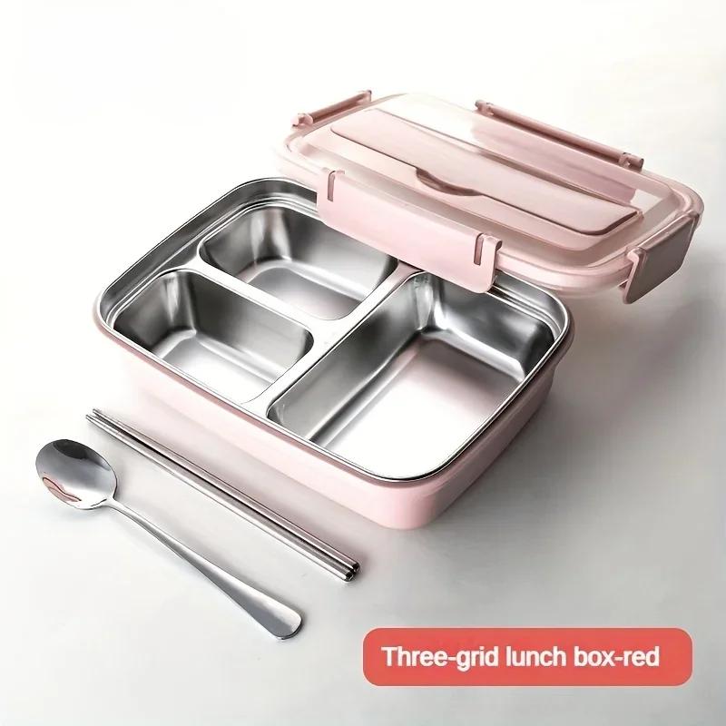 Leak-Proof Stainless Steel Lunch Box with 3 Compartments - Durable Easy-Clean Bento Container for Students & Office Workers