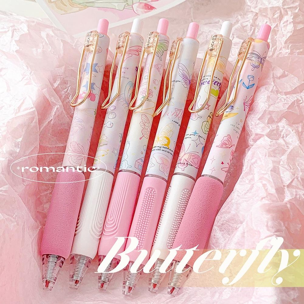 6pcs Butterfly Gel Pen Set 0.5mm Black Ink Flower Rose Sweet Ballpoint Pens for Writing Student School Supplies