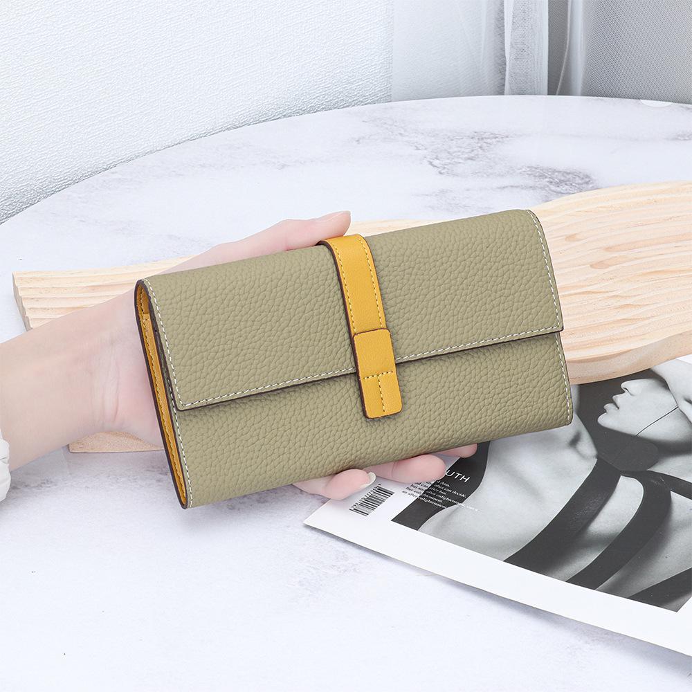 Women's Top Grain Cowhide Color Block Long Wallet - Large Capacity, Multifunctional Clutch & Phone Bag