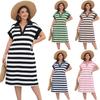 Women V Neck Striped Casual Dress Short Sleeve Loose Fit Pullover Midi Dress with Collar for Daily Wear Travel Holiday