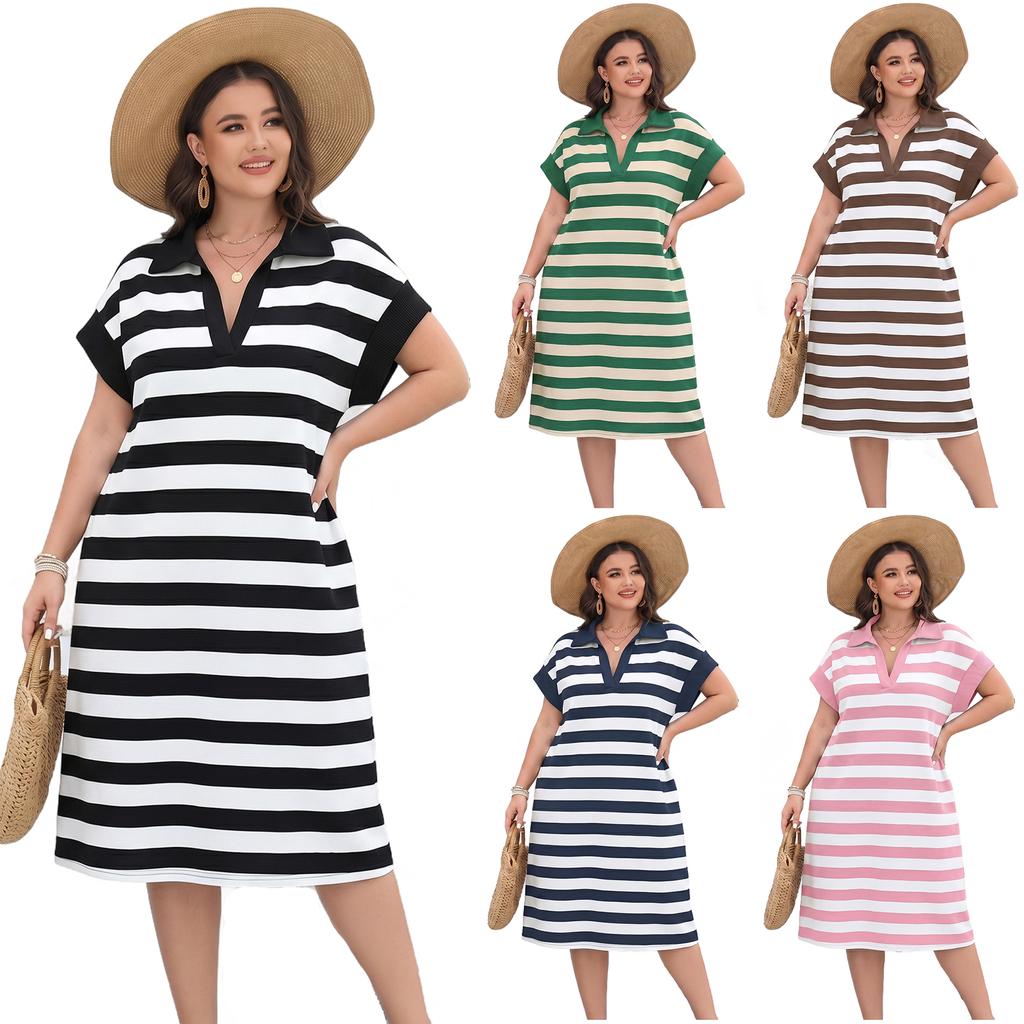 Women’s V Neck Striped Casual Dress Relaxed Fit Short Sleeve Pullover Midi Dress for Everyday Wear and Travel
