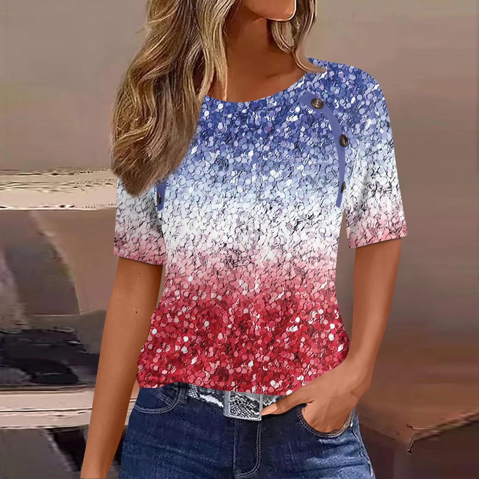 

Женская футболка Футболка с принтом «День независимости» и пуговицами С коротким рукавом Повседневные Выходные Мода Классический Круглый вырез Обычный топ XL