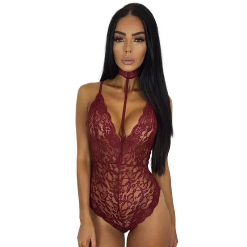 Floral V Neck Bodysuit Backless Lace Bodysuit Women Sexy Sheer Mesh Bodysuit Women's Pajamas Babydoll Sexy Erotic Lingerie