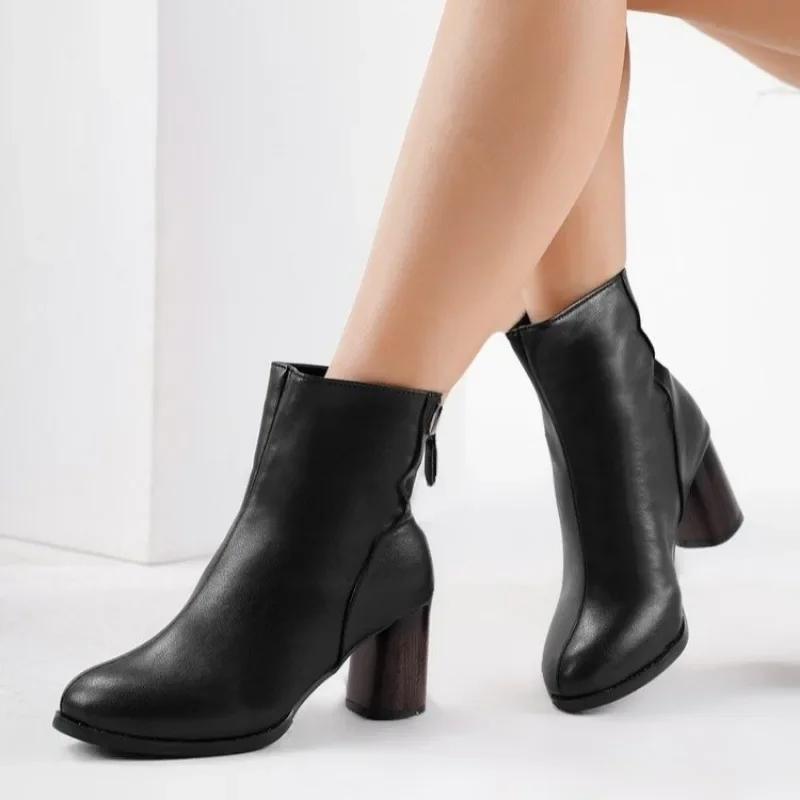 Fashion 2024 New Women's Shoes Zipper Women's Boots Autumn Round Toe Solid Profession Middle Tube Chunky Heels Large Size Fashion Boots