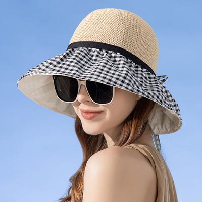 Summer Breathable Bucket Hat Women Checked Printing Cotton Mesh Sun Hat Light Elegant Ladies Lace Up Bow Large Brim Beach Hat