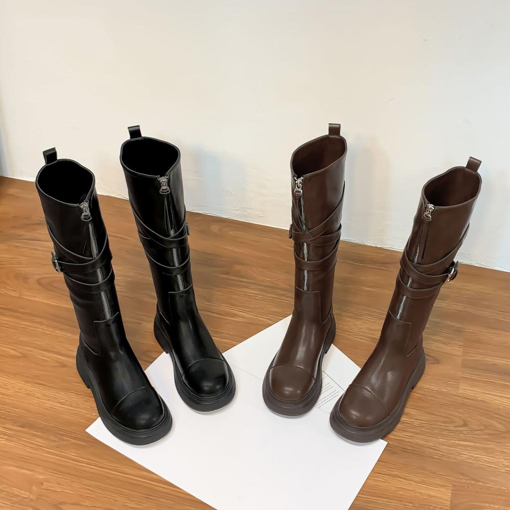 Grape Mom Long Knight Boots Belt Buckle Pleated Pile Boots Front Zipper Internet Celebrity Soft Leather Skinny Boots Platform Women's Boots