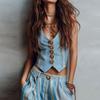 Conjunto Informal de Chaleco Azul Rayado de Moda y Pantalones de Pierna Ancha
