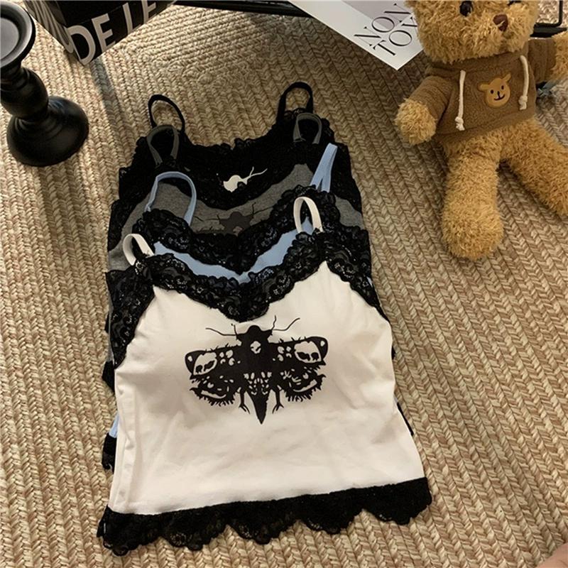 Summer Women Lace With Chest Pads Sling Tops Female Straps Tank Tops Harajuku Streetwear Camisole Sexy Butterfly Printed Crop Tops