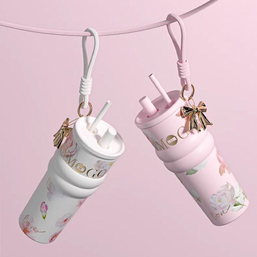 710ml Insulated Cup Ceramic Inner Liner Dustproof Straw Water Cup Large Capacity with Flower Pendant Vacuum Coffee Cup Travel