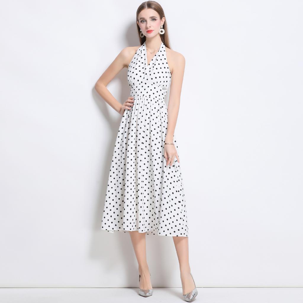 Letní Dámské Elegantní Halter Šaty Midi s Otevřenými Zády a Puntíky na Párty