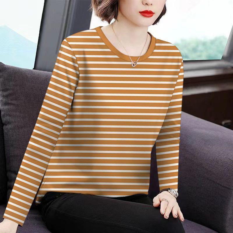New Style Mother's Clothing, Loose and Versatile, Long-sleeved, Large-size Striped Round Neck, Thin Bottoming Top for Women in Autumn