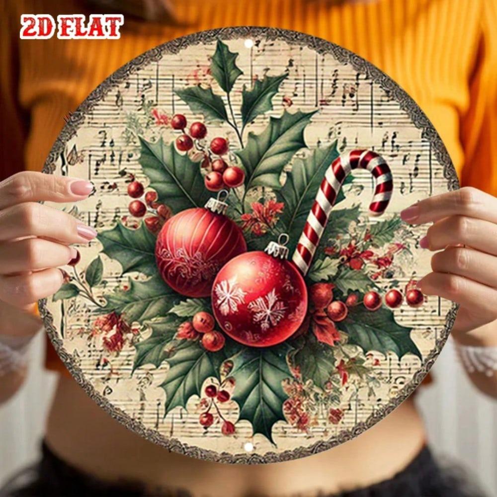 Vintage Christmas Metal Tin Sign Round Wall Art Rustic Holiday Decor