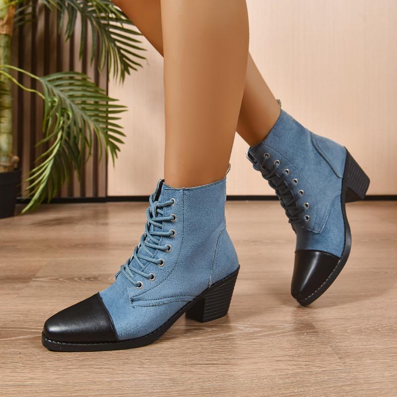Autumn Booties Women's Fashion Round Toe Paneled Suede Front Lace-Up Block Heel Non-Slip Single Boots