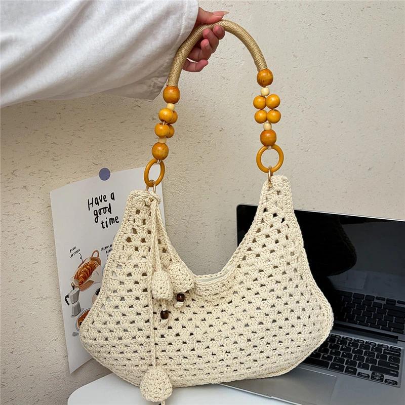 Hand-woven Straw Tote Bag With Wooden Bead Handle Large Capacity Summer Beach Shoulder Bag Casual Hollow Vacation Crochet Bag