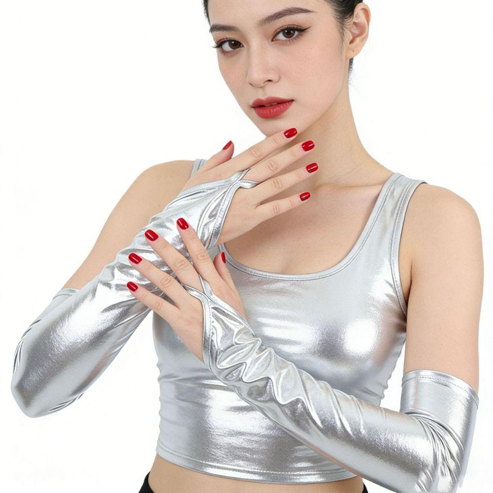 Elastic Patent Leather Black Gloves Cloth Women Gloves Hook Finger Long Gloves Halloween Cosplay