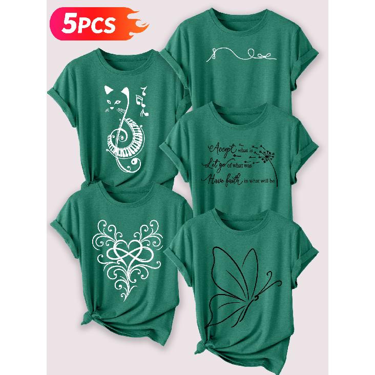 Follow a specific direction Five-piece set of women's short-sleeve tops Music-Inspired Retro Print Elegant Summer Party Outfits Elegant short sleeves
