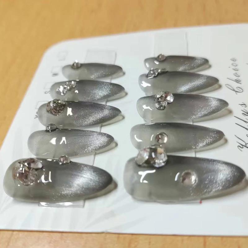 100% HANDGEFERTIGTE Mandelform Künstliche Nagelkunst Rauchgrau Diamant French Katzenauge Pentagramm Minimalistische Nägel Wiederverwendbare und Abnehmbare Falsche Nägel