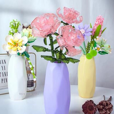 With Vase Eternal Flowers Building Blocks ABS Rose Bouquet Girl's Gifts for Best Friends Lovers Mother's Day Assembly Toys