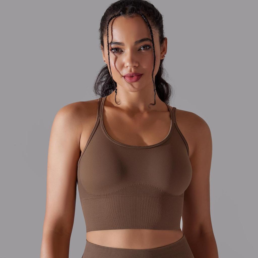 Solid Color Cross Back Sports Bra, Tight Fitting, Shock-absorbing, Gathering, High-strength Vest, Yoga And Fitness Bra For Women