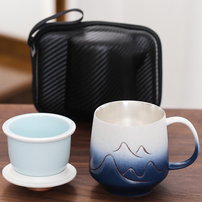 Handmade gilt silver creative ceramic mug gift box set 999Silver-plated office cup with lid, tea-water separation brewing cup