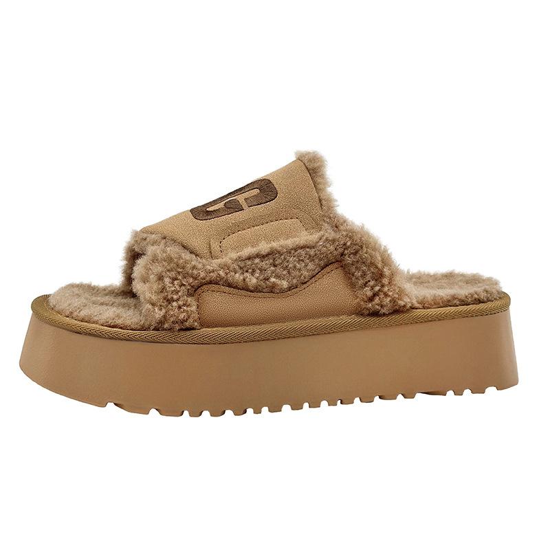 

2024 новые туфли из овечьей шерсти на платформе сандалии-маффины с одним словом тапочки женские маленькие туфли 35 верблюд