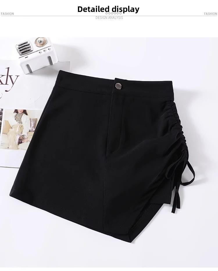 2024 Damen Schwarzer High Waist A-Linien Plissierter Kurzer Rock mit Kordelzug