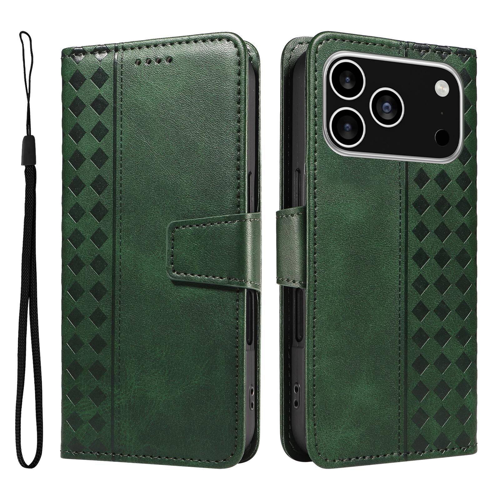 

For iPhone 17 Pro Leather Case Wallet Stand Grids Imprinted Phone Cover with Strap Green
